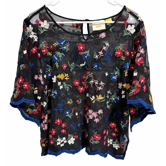 Maeve Tops - Anthropologie Maeve Meadows Black Sheer Colorful Embroidered Flowers Top Size M